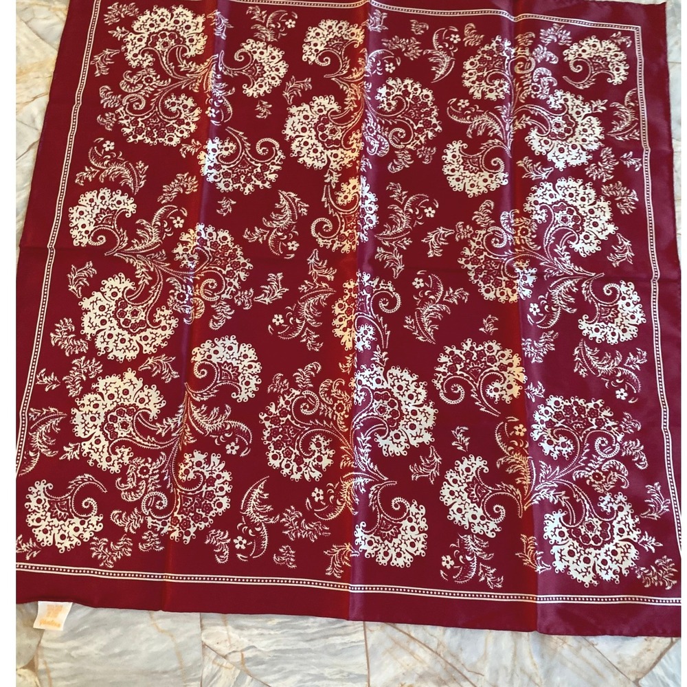 Vintage Glentex Burgundy Red White Paisley Floral Nylon Square Scarf Japan 22in